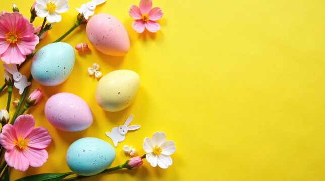 Pastel Easter eggs and blossoms on a sunny yellow background, perfect for springtime celebrations and festive greetings