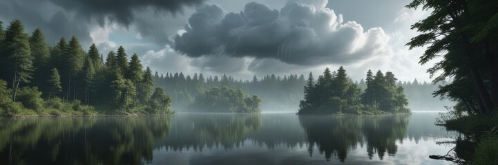 Fototapeta premium Towering cloud formations above a serene black lake surrounded by lush greenery and towering trees in misty weather , nature scenery, atmospheric cloud