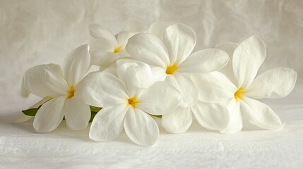 A handful of Thai jasmine flowers placed gently on a white surface, their soft textures highlighted by natural lighting.