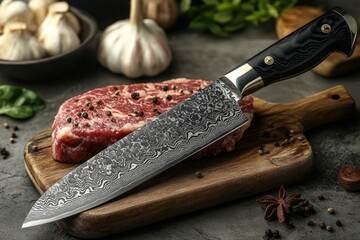 Sharp damascus steel knife lying on seasoned raw ribeye steak on wooden cutting board, ready for slicing © Michael