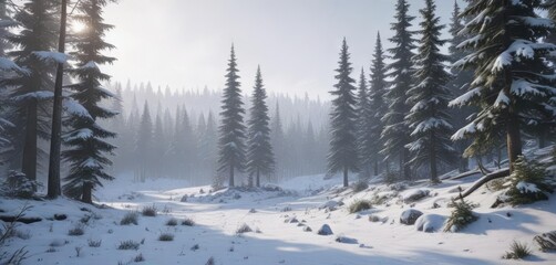 Tranquil snowfall over a scenic winter forest landscape, landscape, tranquil, scenic
