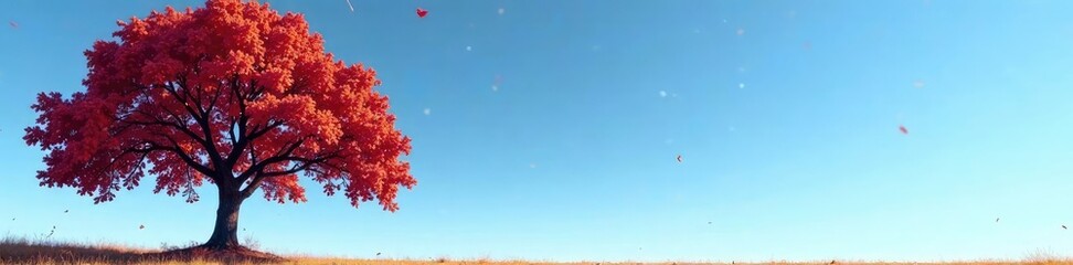 Tree covered in dark purple and yellow leaves against a clear blue sky, fall, , landscape