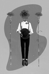 Vertical collage picture of jumping elegant person between two carnation flowers instead head...