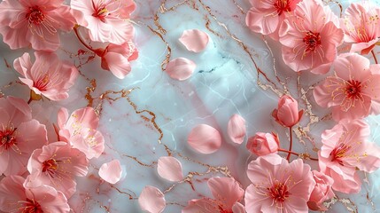 An exquisite top view of a marble surface, adorned with scattered cherry blossom and thin gold twine with a touch of luxury. 
