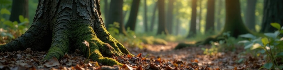 Obraz premium Tree trunk with rugged bark on dark wood background, earthy, forest floor, trees