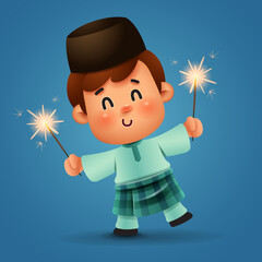 Ramadan Joy: Adorable Ramadan Lantern Boy with Firework