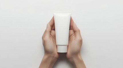 Empty white plastic cosmetic tube held by female hands on a white background. Mockup for design.