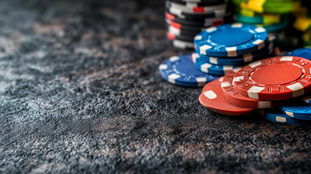 Poker Chips and Textured Background: A close-up shot of poker chips in vibrant red and blue against a textured surface, hinting at strategy, chance, and the thrill of the game.