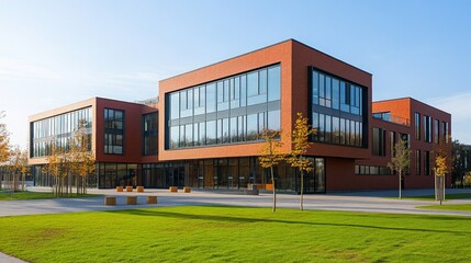 Stunning Modern Brick Building with Lush Green Landscaping. A Breathtaking Architectural Masterpiece.