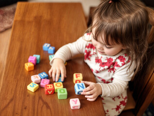 Young child learning to read with colorful alphabet blocks.
