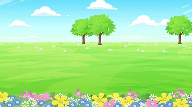 春の草花が咲いている明るい草原の風景動画_横スクロールゲームの背景_ループ