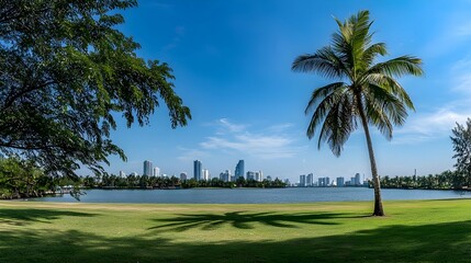 City Skyline Viewed From a Lush Park with Palm Trees