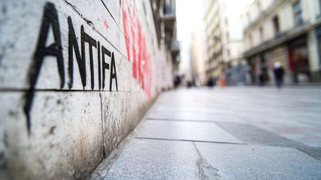 Fisheye lens capturing antifa graffiti on a historic building's textured stone surface, adding a layer of urban grit to the classic architecture