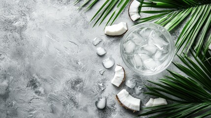 Close-up of a glass of coconut water with ice, palm leaves in the background, and coconut pieces scattered on a textured grey surface.