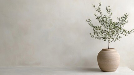 Beige Wall, Olive Branch in Pot, Minimalist Still Life