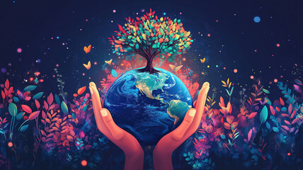 Hands holding Earth with a growing tree in Earth Day banner, emphasizing environmental protection