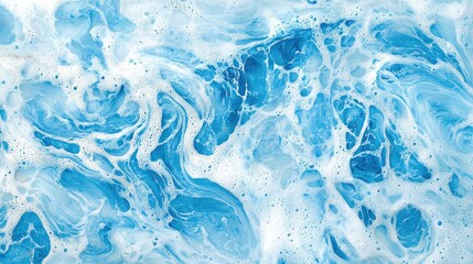Obraz premium Close-up of shiny detergent foam, soap bubbles forming intricate patterns on a light blue water surface.