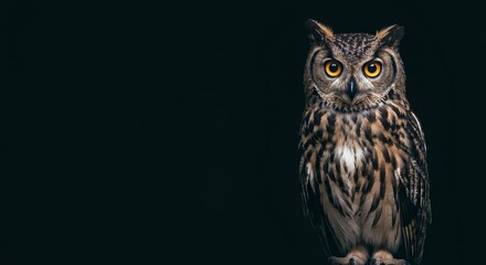 Majestic Owl Glowing Eyes Dark Night Wildlife - A wise owl with glowing eyes in the dark night. Symbolizing wisdom, mystery, night, vigilance, and nature