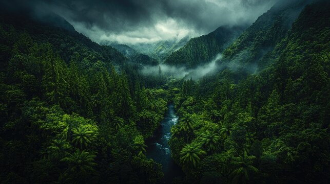 Lush green valley river, misty mountains, aerial view, nature background