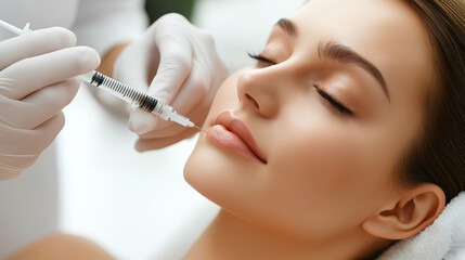 Professional beautician performing lip enhancement with hyaluronic acid injection, rejuvenating facial skin in sleek medical aesthetic setting