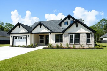 Experience the charm of a brand new construction home nestled in a tranquil suburban neighborhood, complete with a beautifully manicured lawn and stylish modern design elements