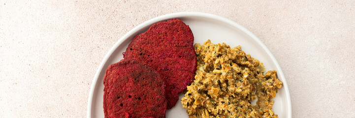 Beet pancakes with sunflower seed hummus - a tasty and nutritious vegetarian meal that brings maximum health benefits