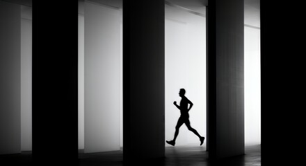 A silhouetted runner races between striking columns of black and white light creating a dynamic image Great for fitness or design projects.