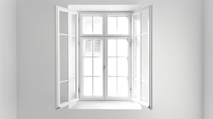 Obraz premium Bright sunlight streams through an open double window in a minimalist white room, creating a serene and peaceful atmosphere