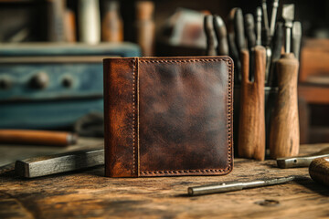 Handcrafted leather wallet sitting on woodworker's table in workshop