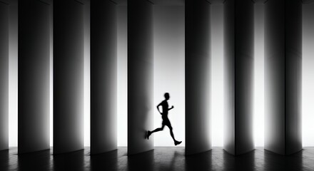 Silhouette of Person Running Through Abstract Columns with Creative Lighting