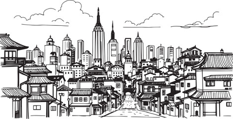 Obraz premium City landscape. Different buildings on street, outline cityscape hand sketch, flat houses. Hand drawn vector illustration