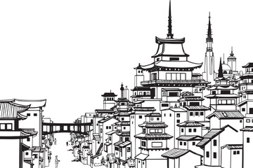 Fototapeta premium City landscape. Different buildings on street, outline cityscape hand sketch, flat houses. Hand drawn vector illustration