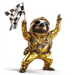 Sloth Dressed as Racer Celebrating with Checkered Flag
