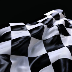 Checkered Flag Triumph: An elegant, dynamic shot of a checkered flag, billowing dramatically against a dark backdrop, evoking a sense of speed, competition, and the exhilaration of the finish line.