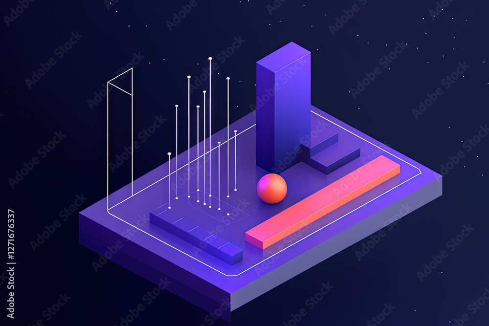 Poster 3D business graph with organized bars and information blocks. Abstract infographic element. Business growth and development to success concepts