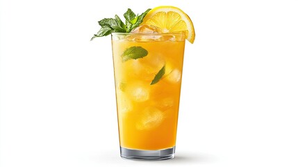 Fototapeta premium Refreshing mojito cocktail in a tall glass with lemon slices, fresh mint, and ice cubes, set against a bright white background.