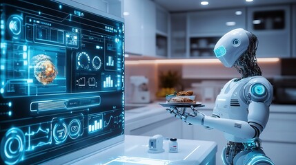 Fototapeta premium Domestic AI: A Robot Serving Food in a Modern Kitchen, Interacting with a Futuristic Touchscreen Display, Highlighting the Integration of Artificial Intelligence and Robotics in Everyday Life