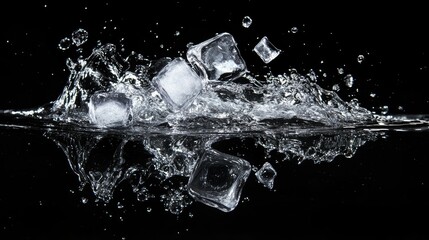 Suspended splash of soda, ice cube collision causing an upward explosion, crisp reflections on the black glossy surface.