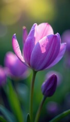 Fototapeta premium Delicate purple petals unfolding in soft breeze, garden scene, flowers blooming, color
