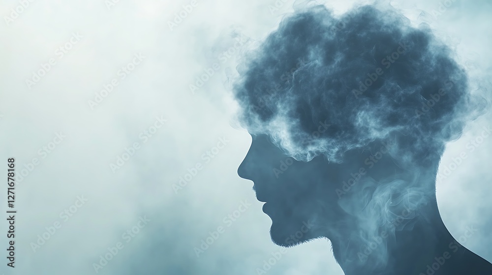 Aufkleber a surreal image depicting a human head intertwined with a hazy, clouded brain, capturing a sense of 