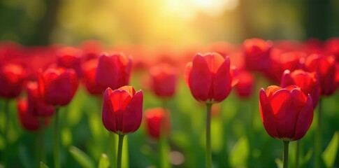 Fototapeta premium Field of burgundy tulips with sunlight filtering through, light filtering through flowers, field of flowers
