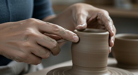 Crafting Pottery on Wheel Close-up Hands Shaping Clay Art