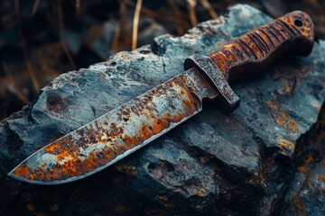 Close-up of a rusty hunting knife lying on a dark rock, evoking themes of survival, adventure, or decay