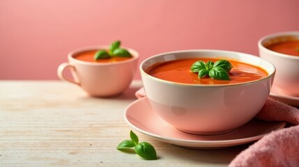 Delightful bowls of vibrant tomato soup, garnished with fresh basil, served on pastel pink saucers, creating a warm and inviting culinary scene.