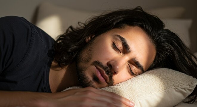 Peaceful Sleep Young Man - A young man with long dark hair peacefully sleeps on a pillow, sunlight illuminating his face