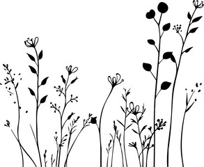 Small leaf plant silhouette pattern wallpaper. Black and white. minimal artwork. simple template. tattoo design. card and package. PNG tranparent.