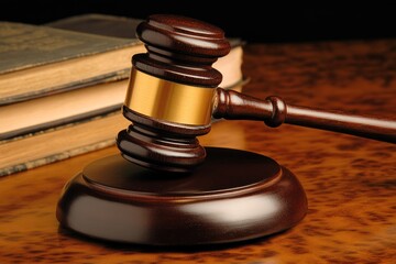 Gavel rests on wooden base near aged law books