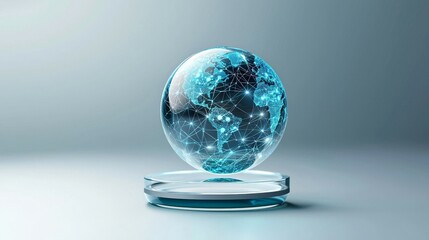 digital assets concept. A glass sphere with glowing blue particles on a reflective surface.