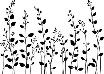 Small leaf plant silhouette pattern wallpaper. Black and white. minimal artwork. simple template. tattoo design. card and package. PNG tranparent.