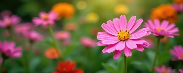 Obraz premium Pink aster in a garden among other colorful blooms, gardens, blooms
